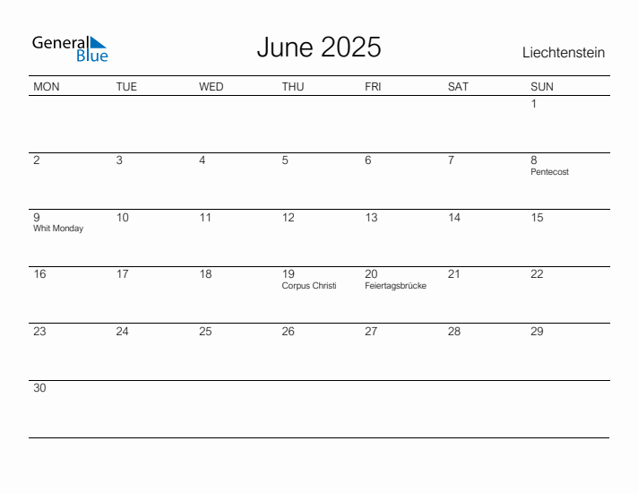 Printable June 2025 Calendar for Liechtenstein