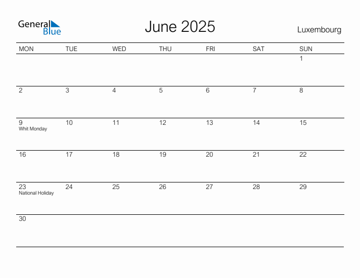 Printable June 2025 Calendar for Luxembourg