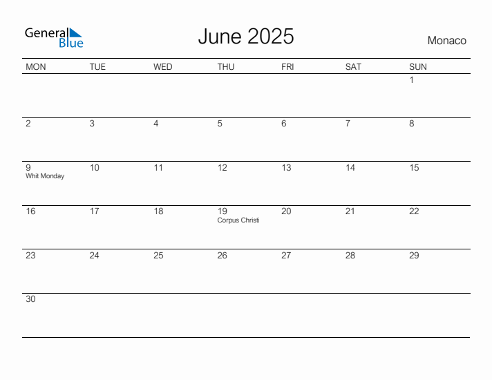 Printable June 2025 Calendar for Monaco
