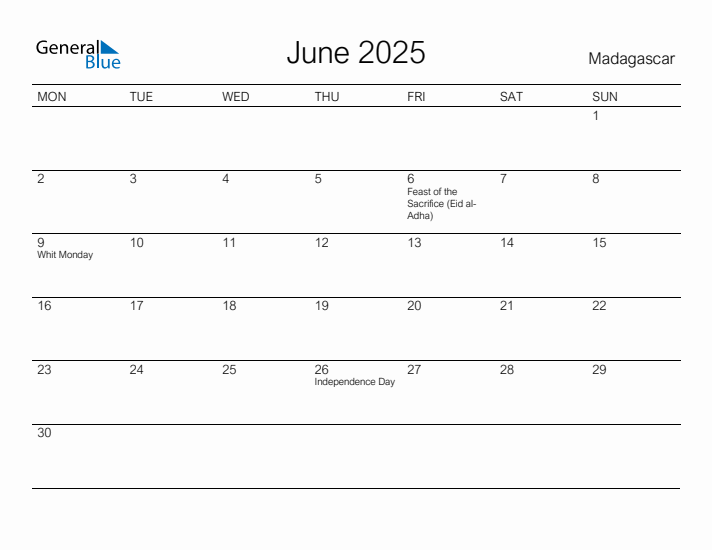 Printable June 2025 Calendar for Madagascar