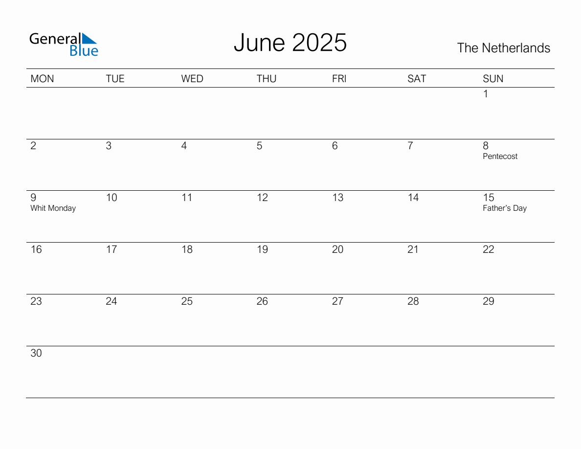 Printable June 2025 Monthly Calendar with Holidays for Netherlands