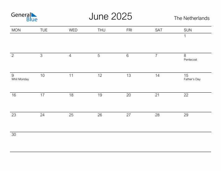 Printable June 2025 Calendar for The Netherlands