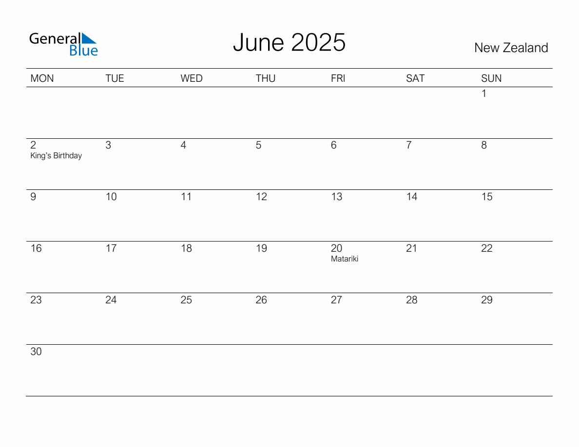 Printable June 2025 Monthly Calendar with Holidays for New Zealand