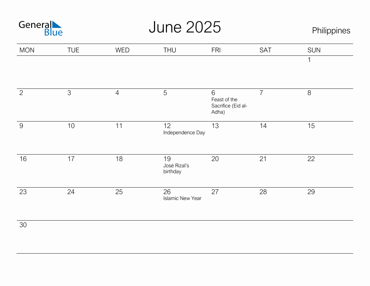 Printable June 2025 Monthly Calendar with Holidays for Philippines