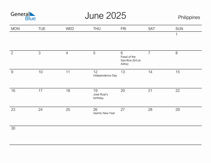 Printable June 2025 Calendar for Philippines