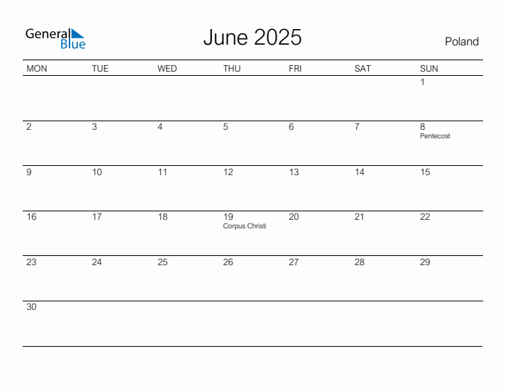 Printable June 2025 Calendar for Poland