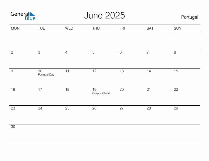 Printable June 2025 Calendar for Portugal