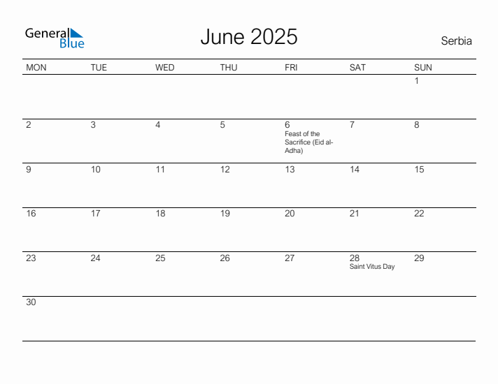 Printable June 2025 Calendar for Serbia