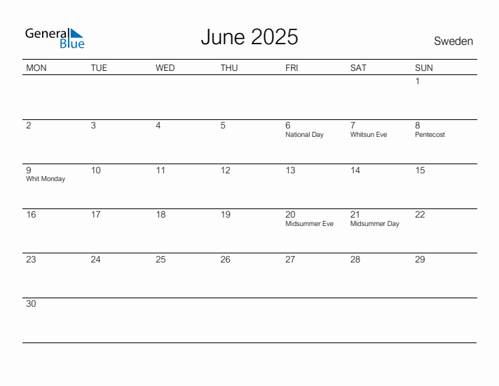 Printable June 2025 Calendar for Sweden
