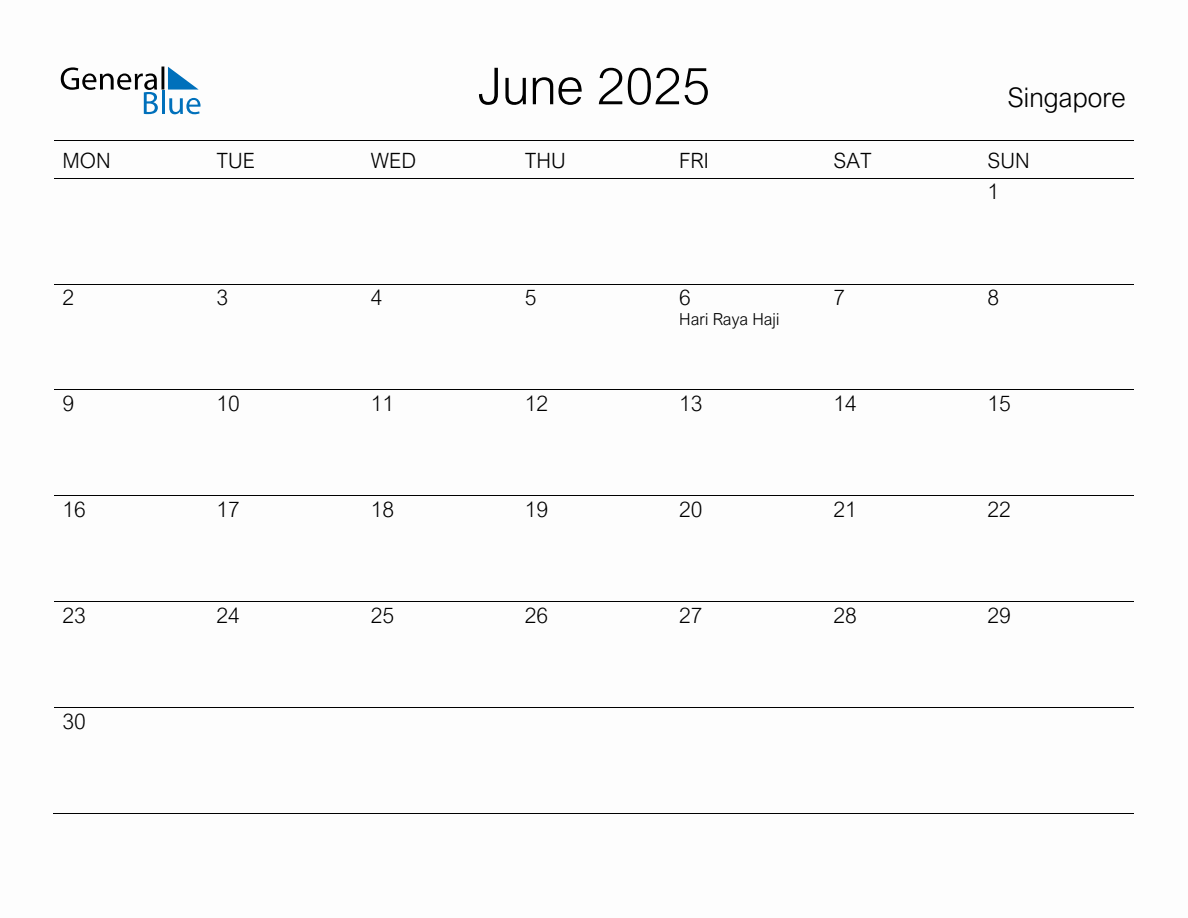 Printable June 2025 Monthly Calendar with Holidays for Singapore