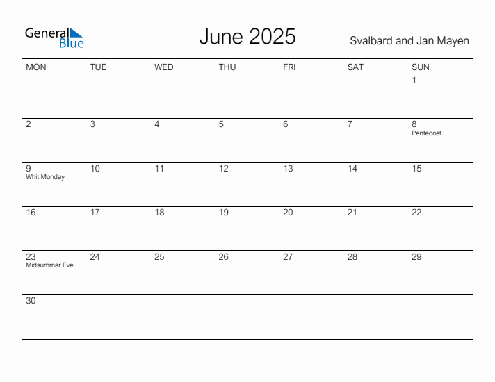 Printable June 2025 Calendar for Svalbard and Jan Mayen