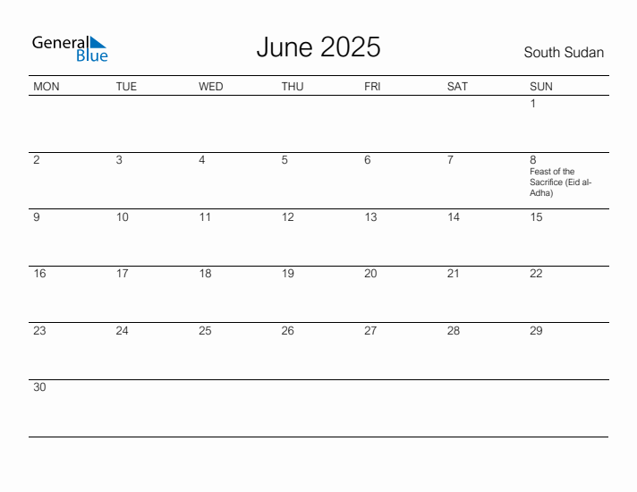 Printable June 2025 Calendar for South Sudan