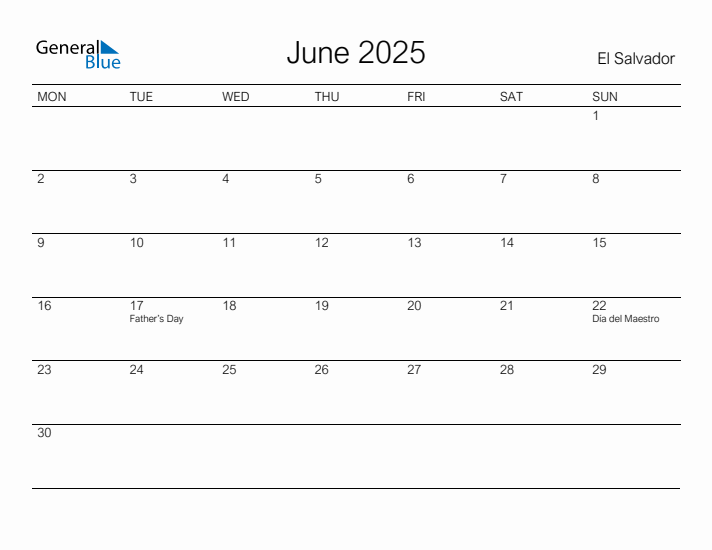 Printable June 2025 Calendar for El Salvador