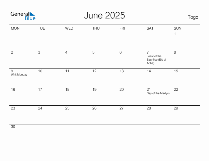 Printable June 2025 Calendar for Togo