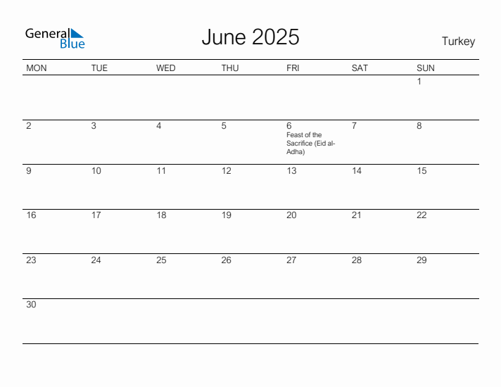 June 2025 Turkey Monthly Calendar with Holidays