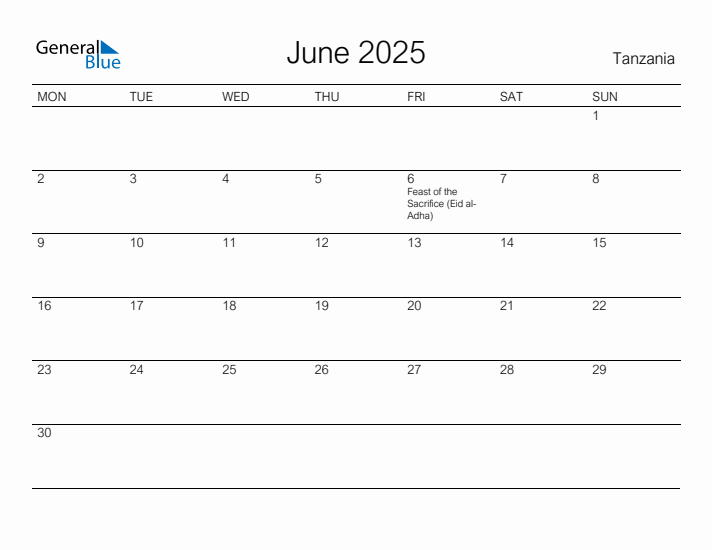 Printable June 2025 Calendar for Tanzania