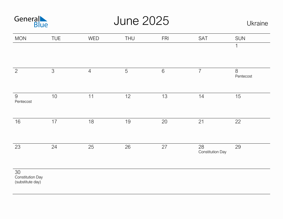 Printable June 2025 Monthly Calendar with Holidays for Ukraine