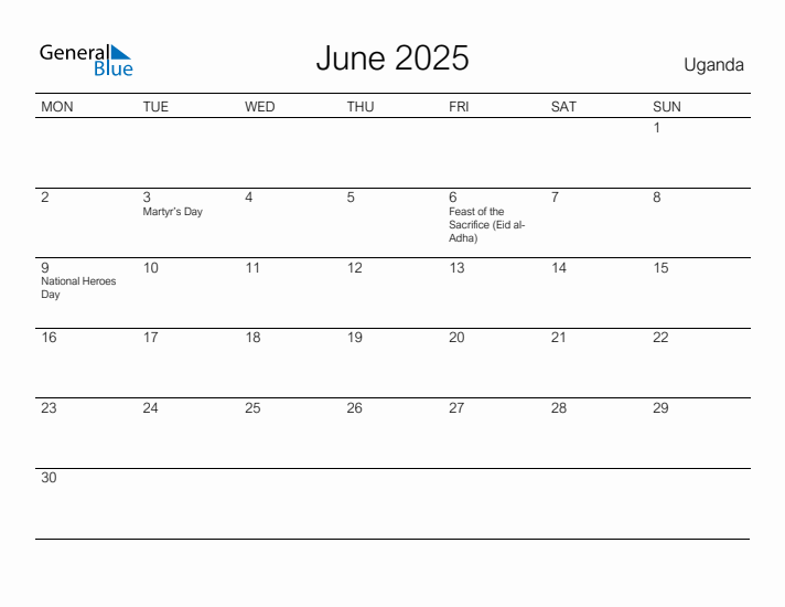 Printable June 2025 Calendar for Uganda