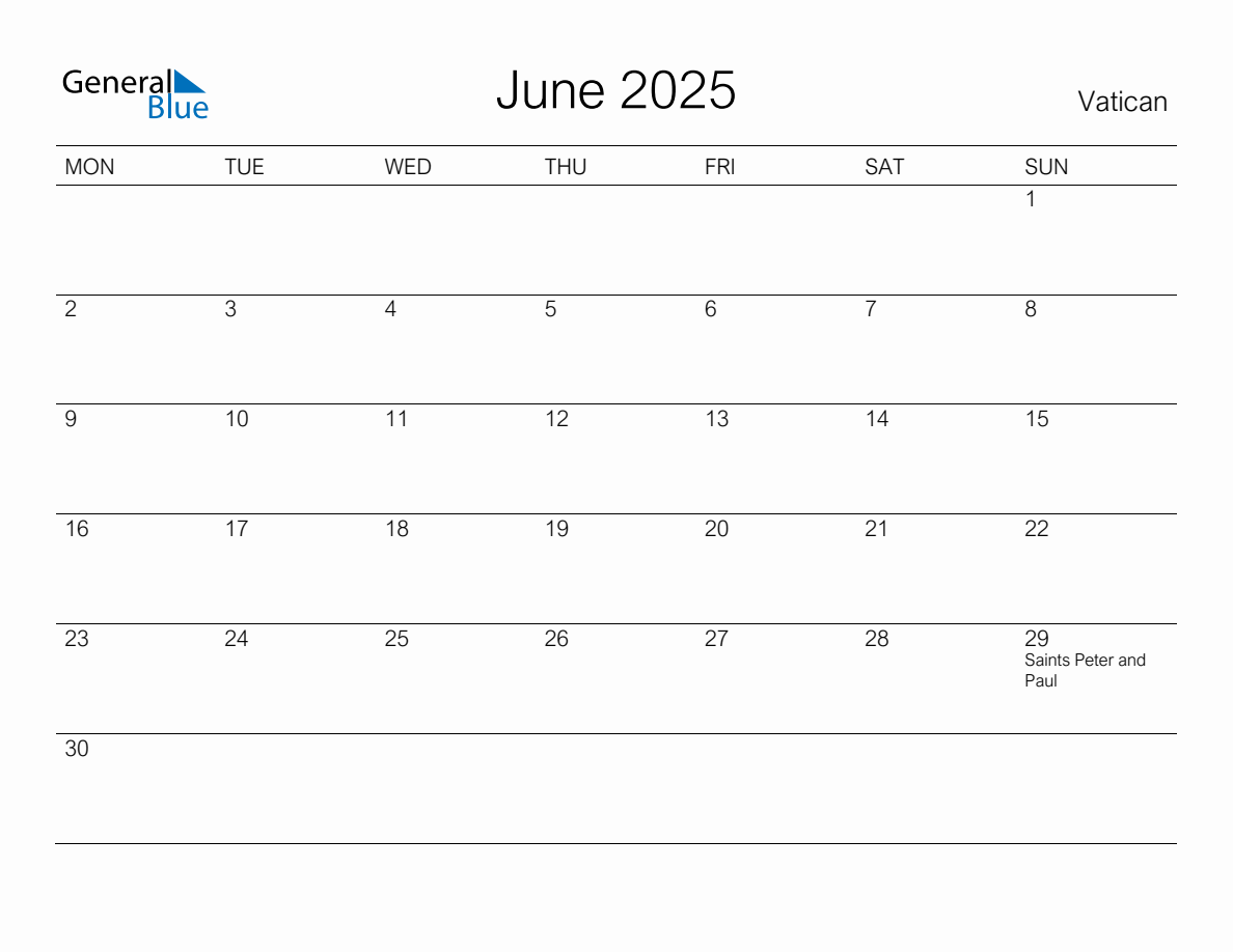 Printable June 2025 Monthly Calendar with Holidays for Vatican