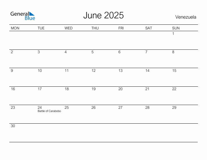 Printable June 2025 Calendar for Venezuela