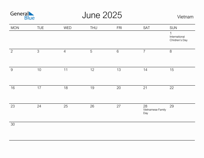 Printable June 2025 Calendar for Vietnam