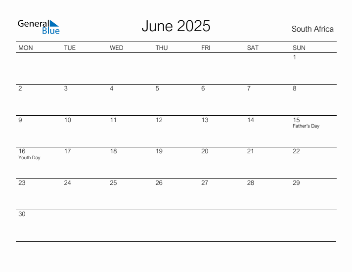 Printable June 2025 Monthly Calendar with Holidays for South Africa