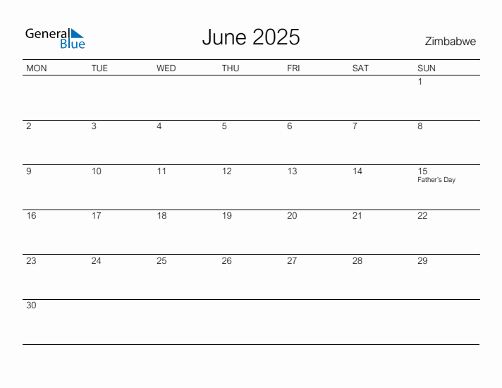 Printable June 2025 Calendar for Zimbabwe