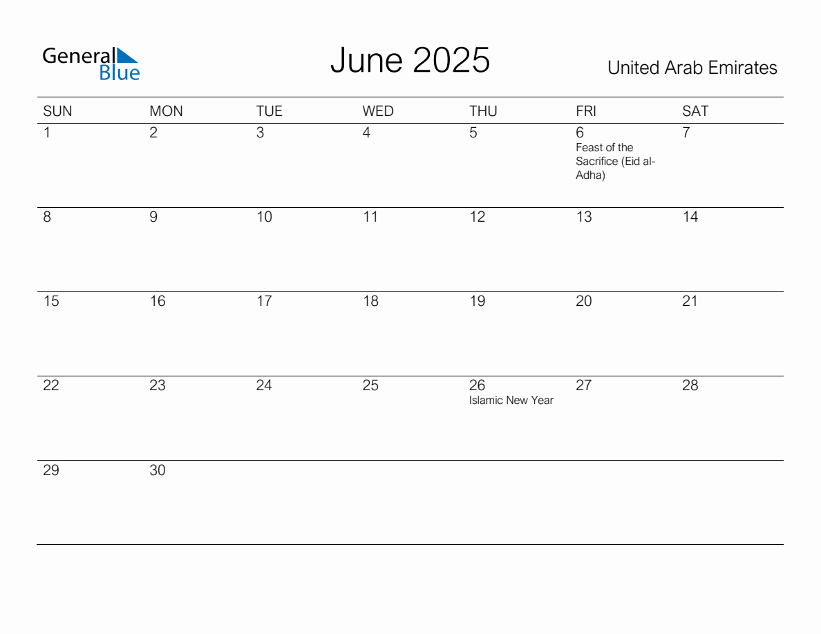 Printable June 2025 Monthly Calendar with Holidays for United Arab Emirates