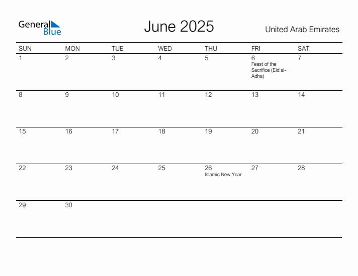 Printable June 2025 Calendar for United Arab Emirates