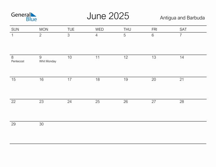 Printable June 2025 Calendar for Antigua and Barbuda