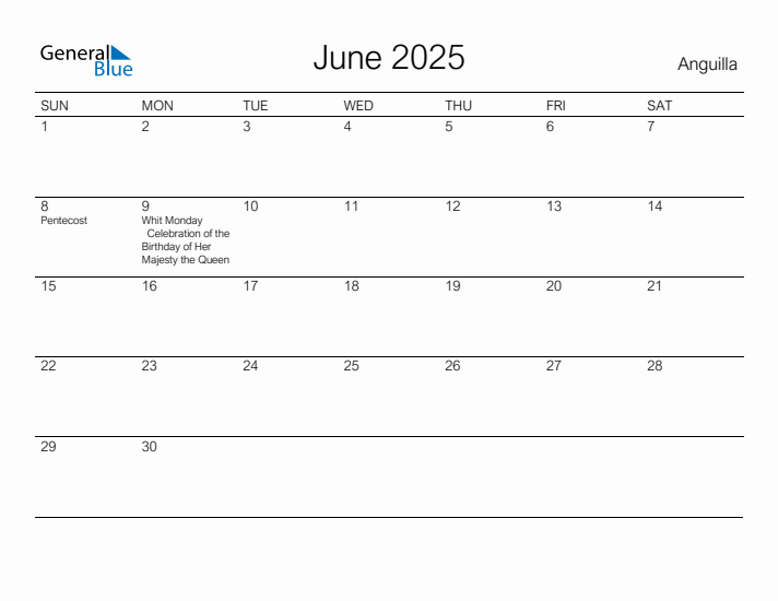 Printable June 2025 Calendar for Anguilla