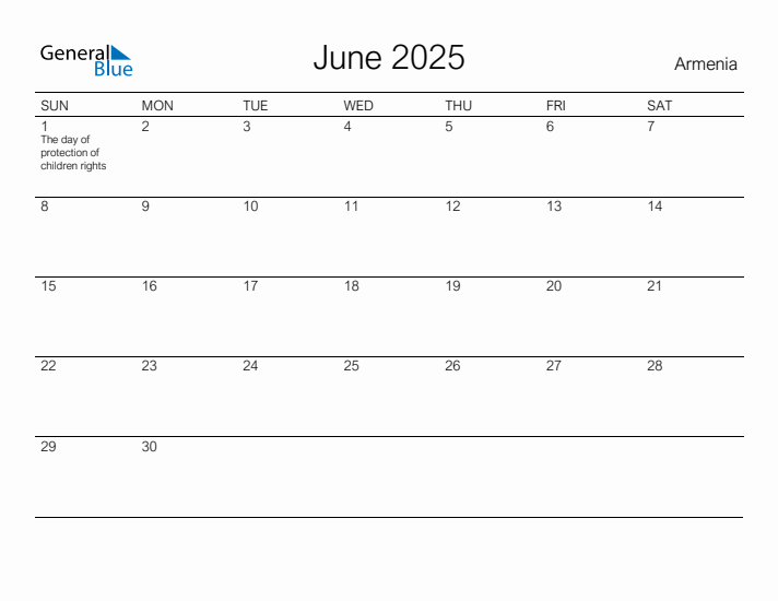 Printable June 2025 Calendar for Armenia