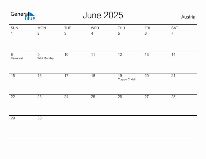 Printable June 2025 Calendar for Austria