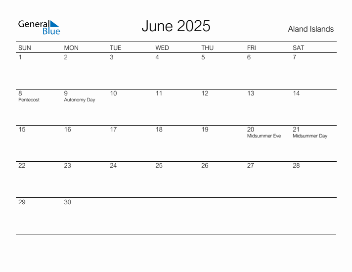 Printable June 2025 Calendar for Aland Islands