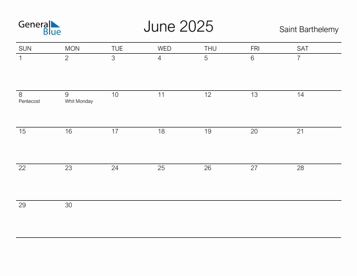 Printable June 2025 Calendar for Saint Barthelemy