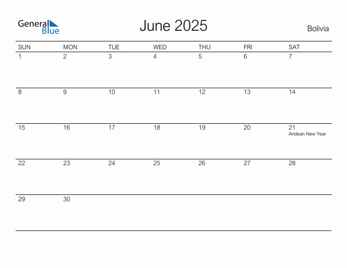 Printable June 2025 Calendar for Bolivia