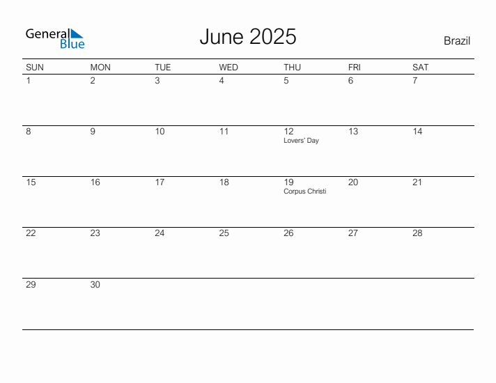 Printable June 2025 Calendar for Brazil
