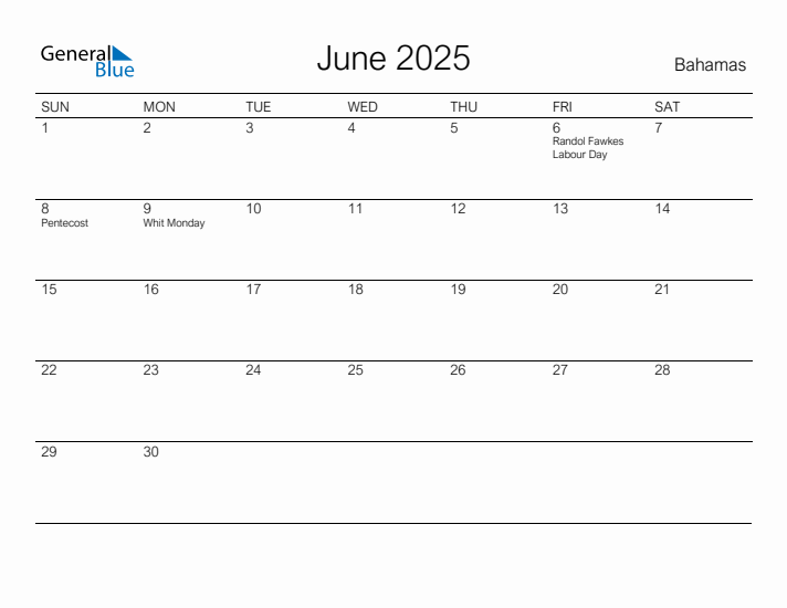 Printable June 2025 Calendar for Bahamas