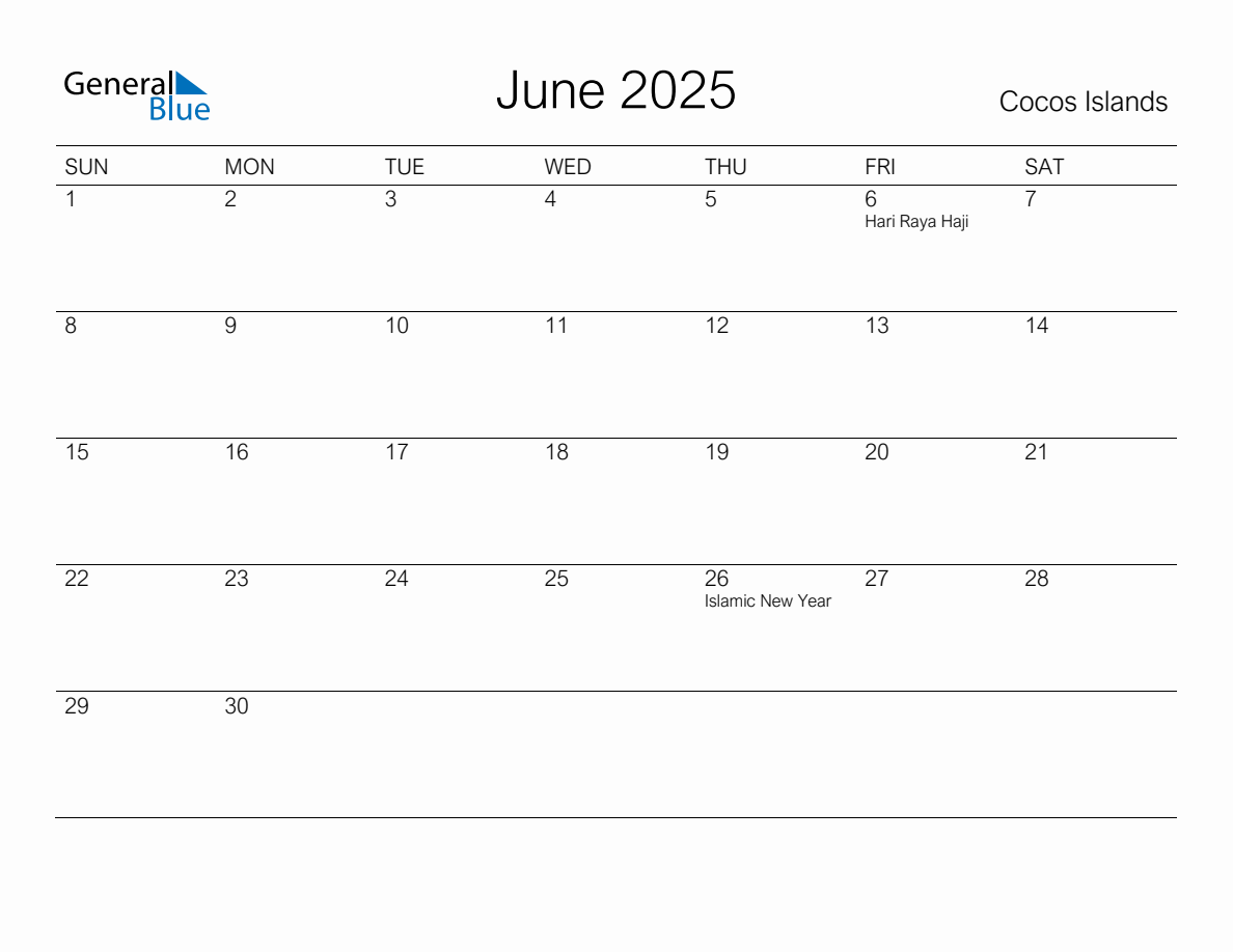 Printable June 2025 Monthly Calendar with Holidays for Cocos Islands