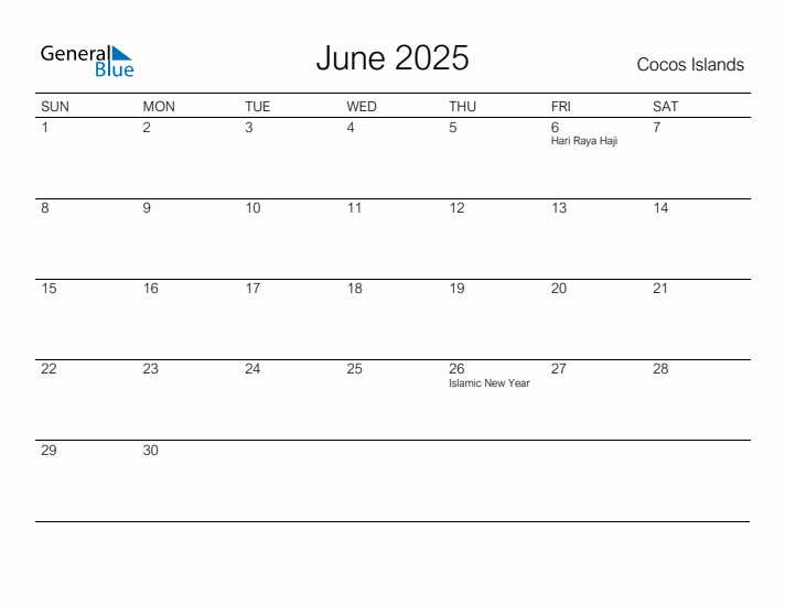 Printable June 2025 Monthly Calendar with Holidays for Cocos Islands