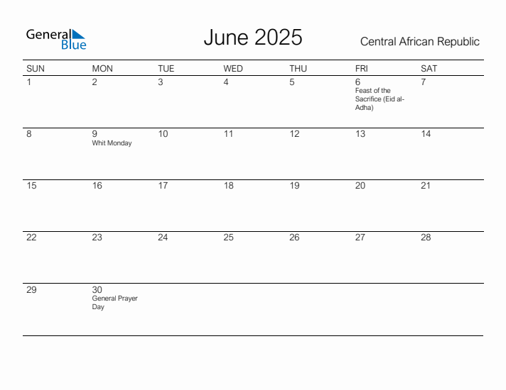 Printable June 2025 Monthly Calendar with Holidays for Central African