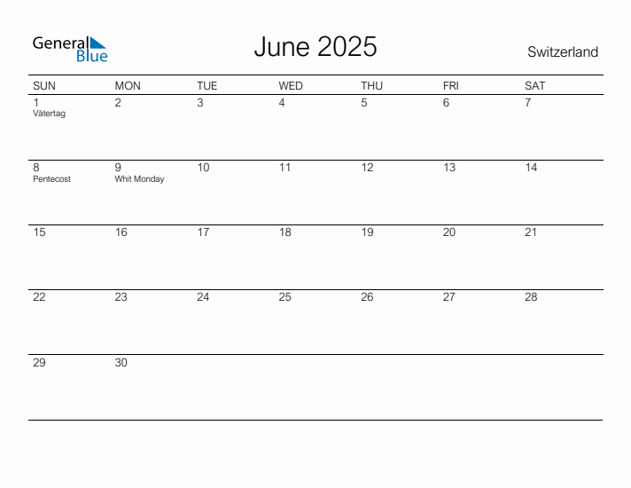 Printable June 2025 Calendar for Switzerland