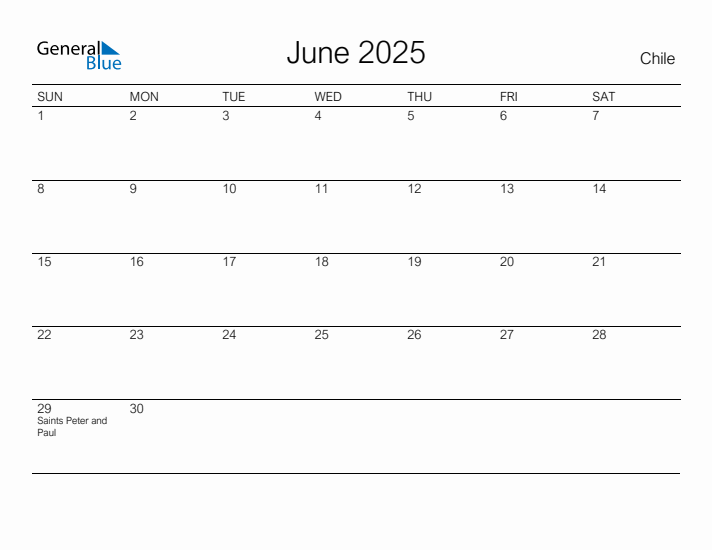 Printable June 2025 Calendar for Chile