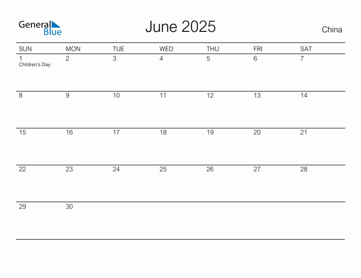 Printable June 2025 Calendar for China