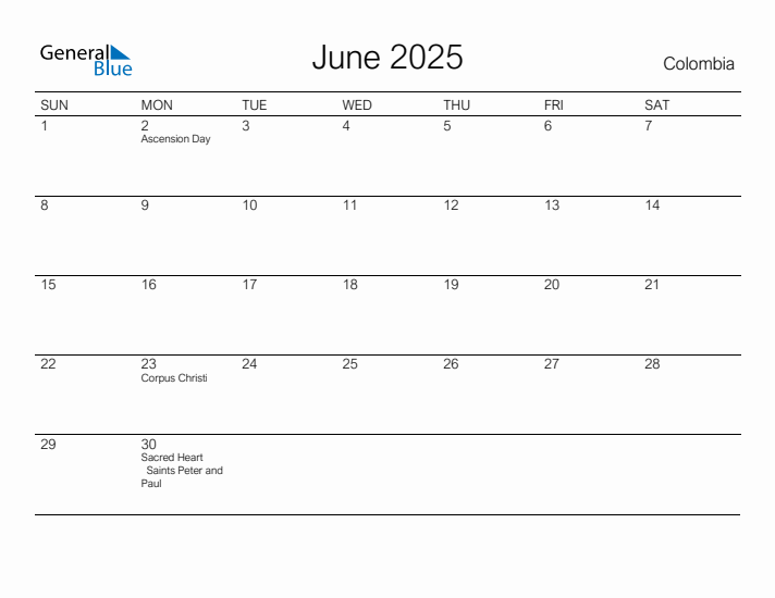 Printable June 2025 Calendar for Colombia