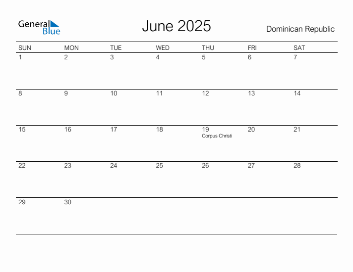 Printable June 2025 Calendar for Dominican Republic