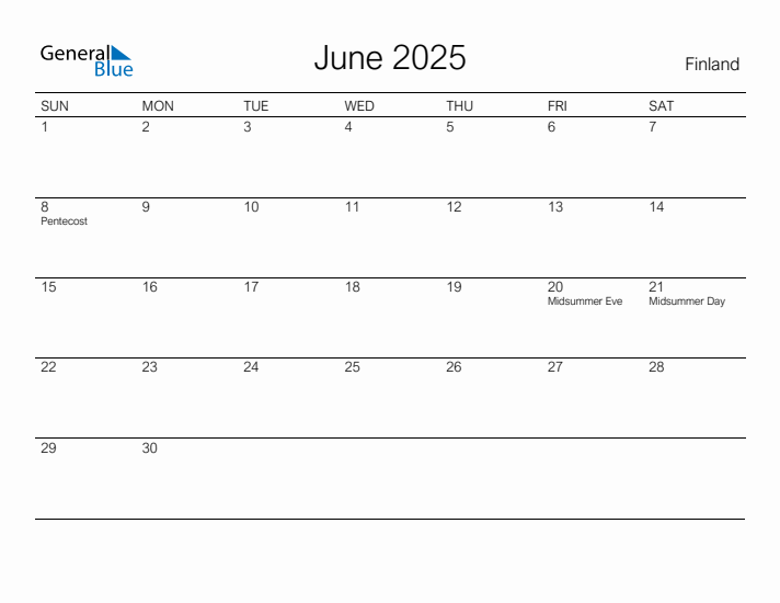 Printable June 2025 Calendar for Finland