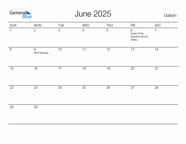 Printable June 2025 Calendar for Gabon