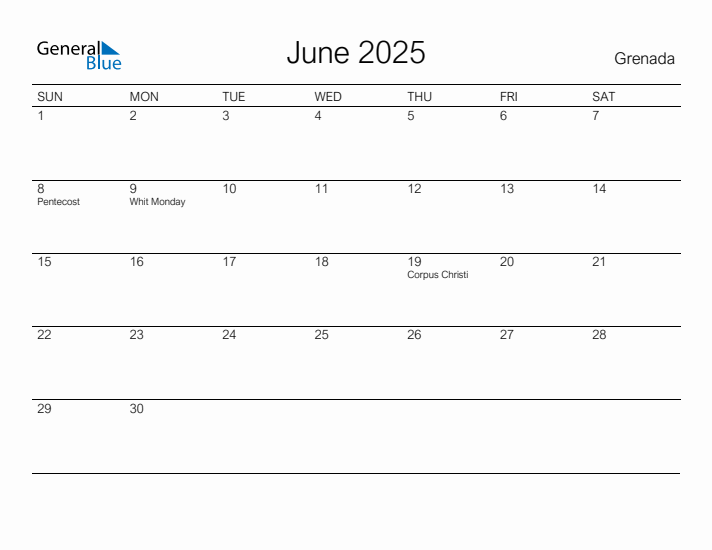 Printable June 2025 Calendar for Grenada