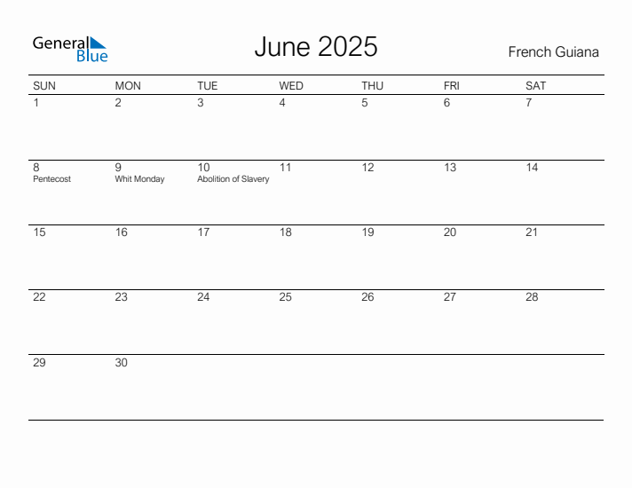 Printable June 2025 Calendar for French Guiana